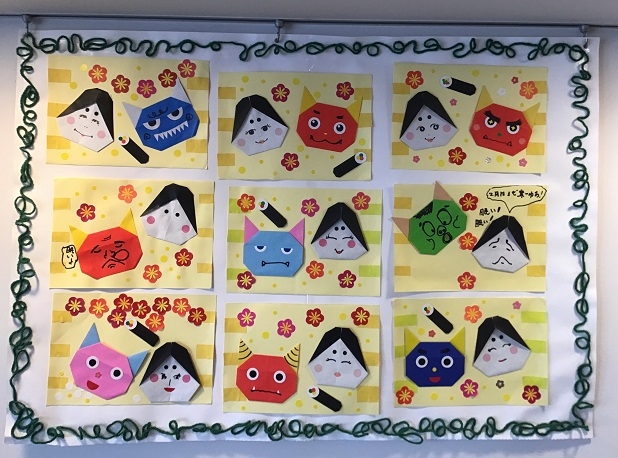 ことぶきクローバーズ保育園 台東区事業所内保育園節分制作です👹🫘 かわいい鬼たちや、美味しそうな恵方巻きが揃いました☺️✨制作製作壁面制作壁面製作節分豆まきおにはそとふくはうち鬼おに👹恵方巻き浅草台東区寿蔵前浅草橋