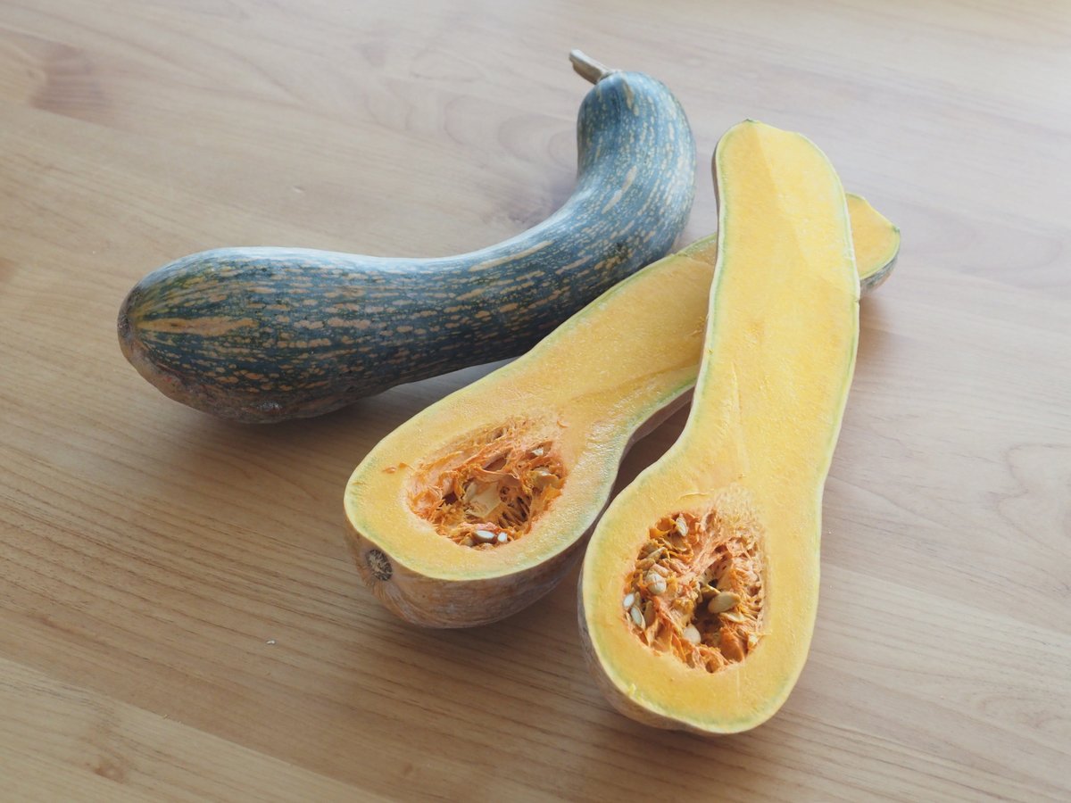日本古来の品種である鶴首かぼちゃとバターナッツかぼちゃ。会社の畑で採れたもの、たまたまオフィスに来ていた安藤シェフに、おすすめの美味しい食べ方を聞いたらパスタがいいとアドバイスをもらい作ってみました。かぼちゃを食べやすい大きさに切って下味をつけて