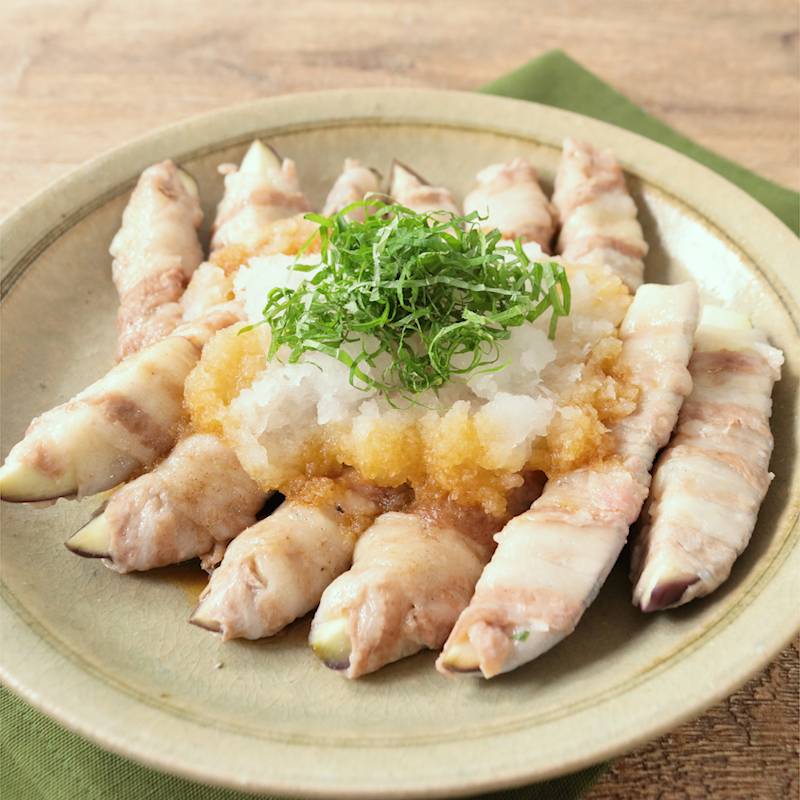 ●ナスと豚バラの重ねステーキおろしポン酢