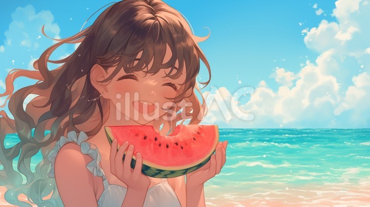 学校プリント用 夏休み スイカを食べる女の子無料イラスト素材素材ラボ