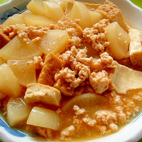 鶏ひき肉と絹揚げとごぼうの旨味噌炒め