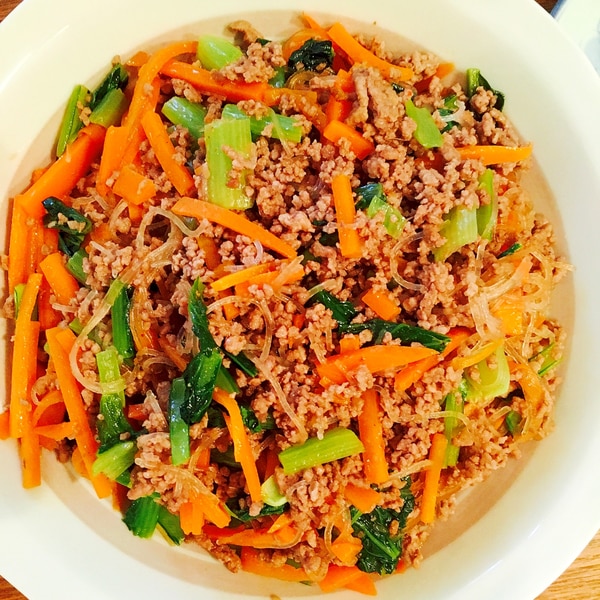 小松菜とひき肉のチャプチェ風♡春雨炒め♡