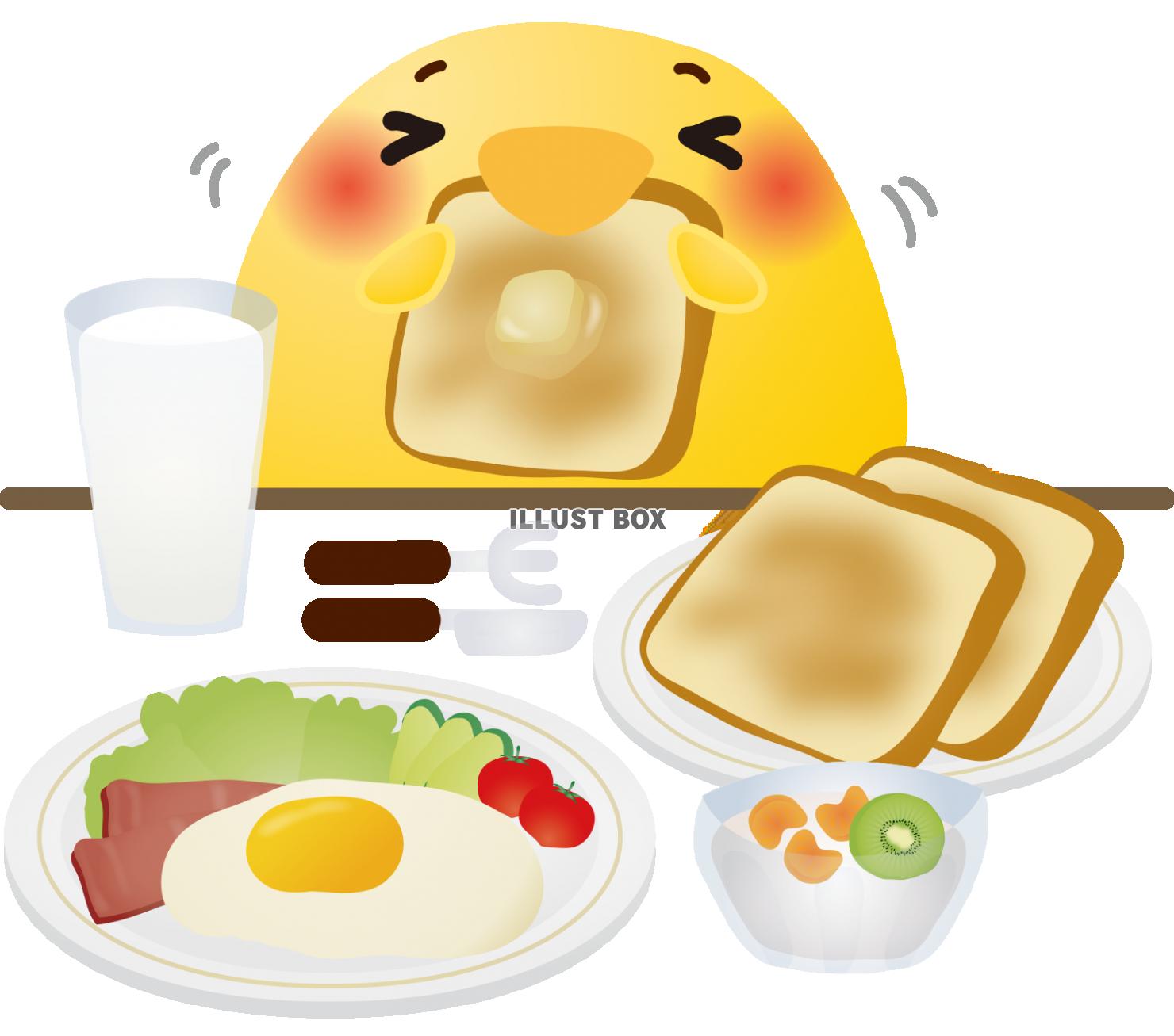 窓の前で洋食の朝ごはんを食べる子供 男の子1 の無料 フリー イラストかわいい手描きの無料素材「てがきっず」保育園・小学校・介護施設にぴったりの フリー素材イラスト