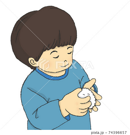 朗らかな顔でおにぎりを握るねこ：イラスト無料