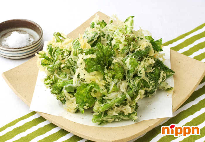 揚げない！春野菜天ぷら,参考 , 1人当たり単価230円 調味料除く, 1人当たりカロリー 515kcal, 1人当たり塩分 0.3g,所要時間 30分,材料 2名分 , 菜の花 4本, アスパラガス 3本, たけのこ 水煮50ｇ, 新玉ねぎ 1 2個, サラダ油 適量,衣 , 天ぷら粉 100ｇ , 冷水 140ml 表示の規定量 , 酢 小さじ1,手順 ,