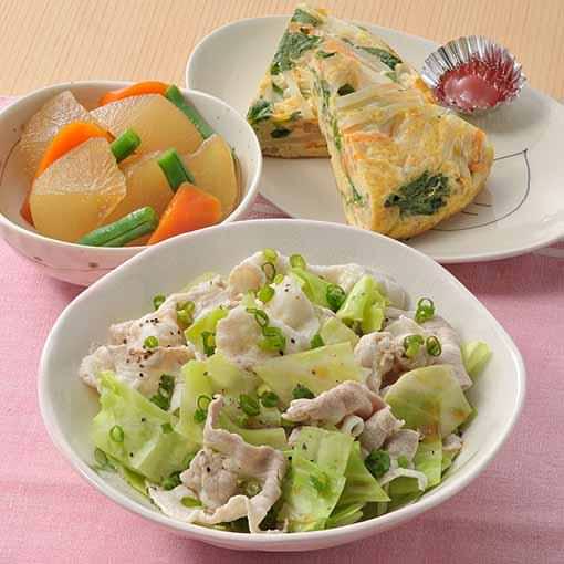 豚バラとキャベツのはさみ蒸し 野菜たっぷり温麺 ｳｰﾒﾝ卵豆腐 食材宅配のヨシケイ 夕食ネット レシピ・メニュー・献立付き