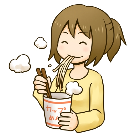 カップ麺のイラスト。コンビニで売ってるインスタントラーメン。フォークで麺を食べる。 Stock VectorAdobe Stock