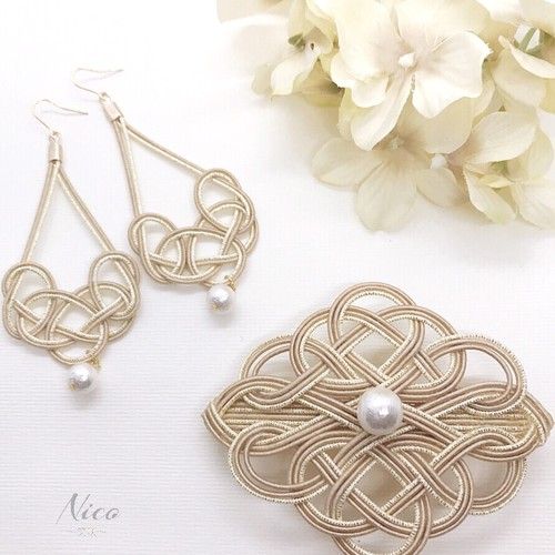 水引キット 連続梅結びのバレッタ カフェオレ布がたり・ちりめん和柄生地と手芸