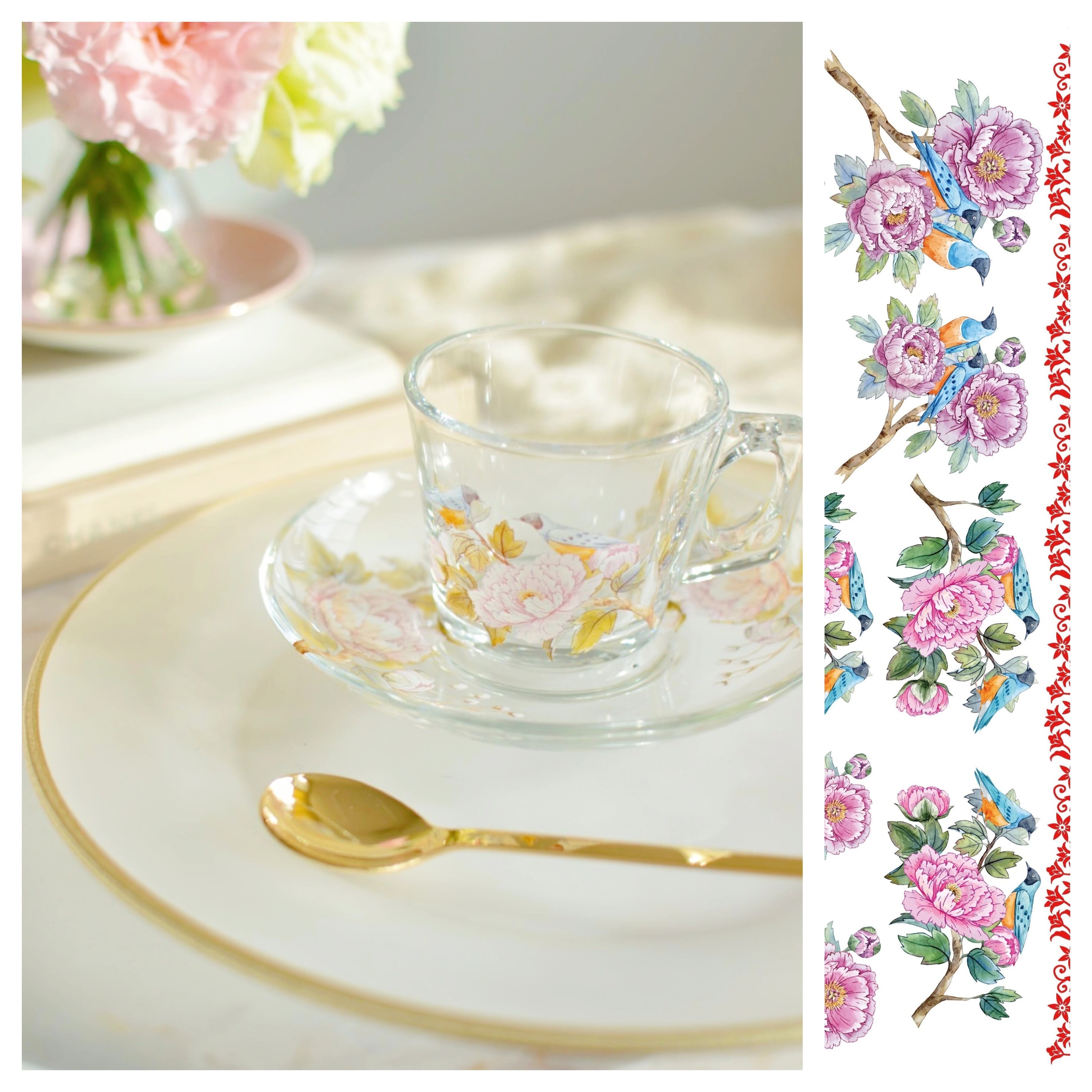 ポーセラーツ オーダー品🎀 ⁡ リボン柄 ガラスポット🫖 ガラスティーカップ＆ソーサー2客☕️✨ それぞれ金彩を追加しています。 ⁡セットでプレゼントに お選びいただきありがとうございました🎁 ⁡ ⁡ 今月もポーセラーツ、その他🎀たくさんの オーダーありがとうご