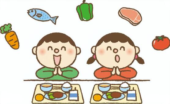 食事と「いただきます」をする子供のイラストフリー素材 イラストミント