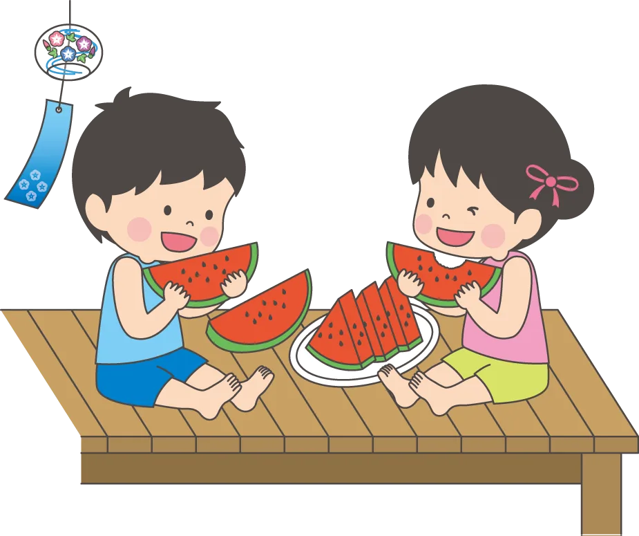 親子3人で仲良くスイカを食べているイラスト - 無料イラストのIMT 商用OK、加工OK