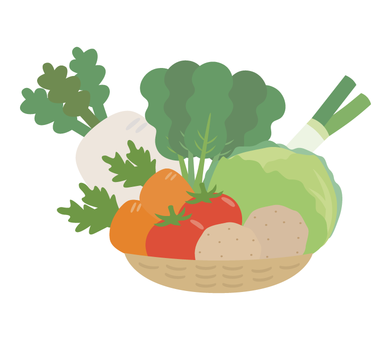 栄養・食べ物・野菜・夏 夏野菜のかご盛り合わせのかわいいフリーイラストフタバのフリーイラスト