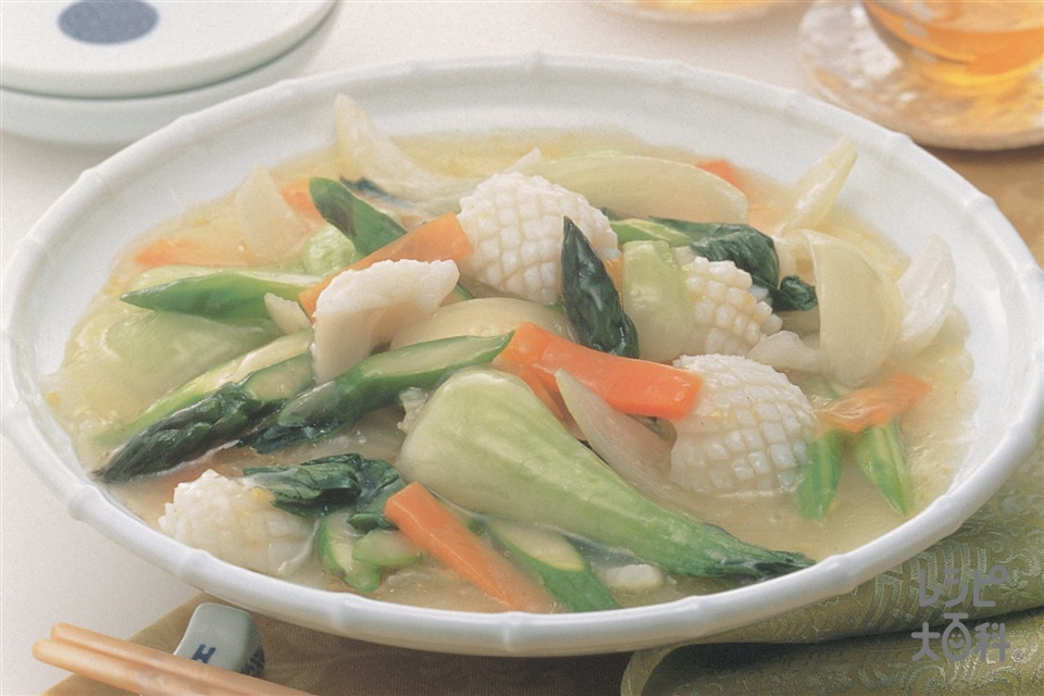 いかとチンゲン菜のねぎ塩とろみ炒め