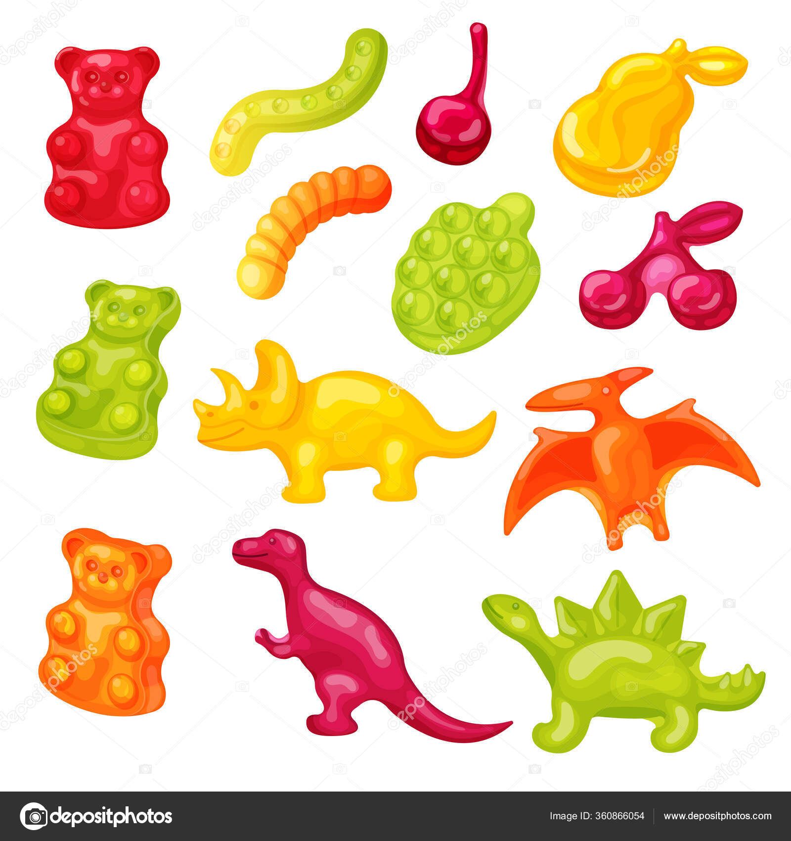 グミキャンディベクトルイラストセット。漫画かわいい甘いゼリークマ、マーマレードワーム、白で隔離されたカラフルな砂糖動物性食品アイコン ストックベクター©vectordreamsmachine 360866054