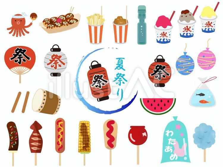 🍉 こんな夏休みどこいったー😢💦 .夏休みお祭りとか行きたい夏祭り日本の夏 .食べ物イラストじゃがバター たこ焼き 焼きそばいか焼き 焼きとうもろこしわたあめスパボー きゅうりの浅漬けりんご飴かき氷屋台 夏harupei ハルペイ illustrator