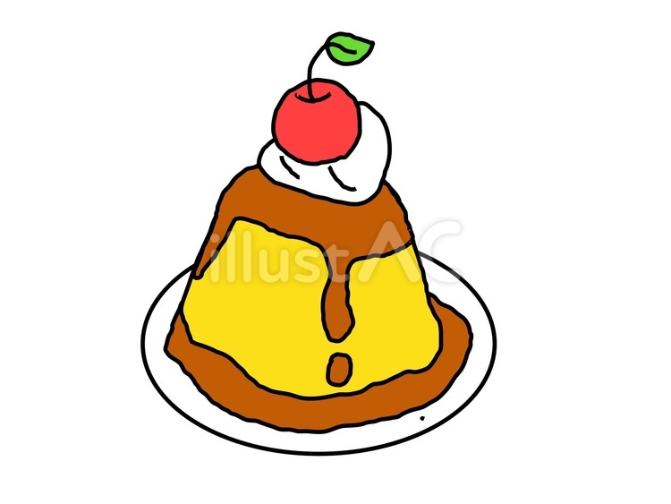 生クリームとサクランボが乗ったカスタードプリンの水彩イラスト260991148- イメージマート