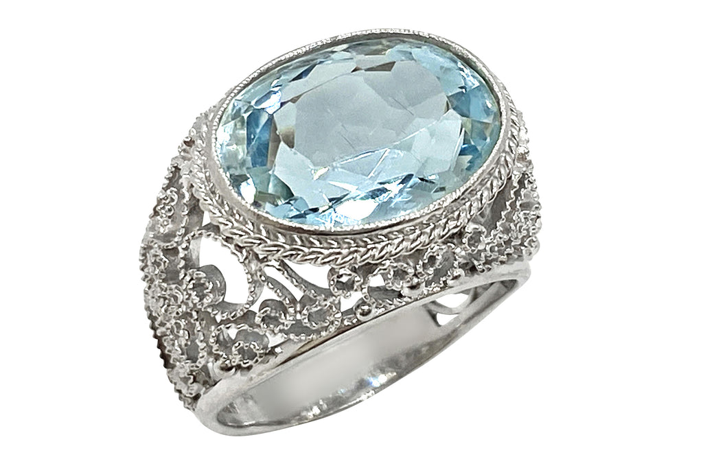 Amazonアクアマリンとダイヤモンドの婚約指輪ミルグレインwith Work 0.85 CT TW 14 Kホワイトゴールドリング 通販