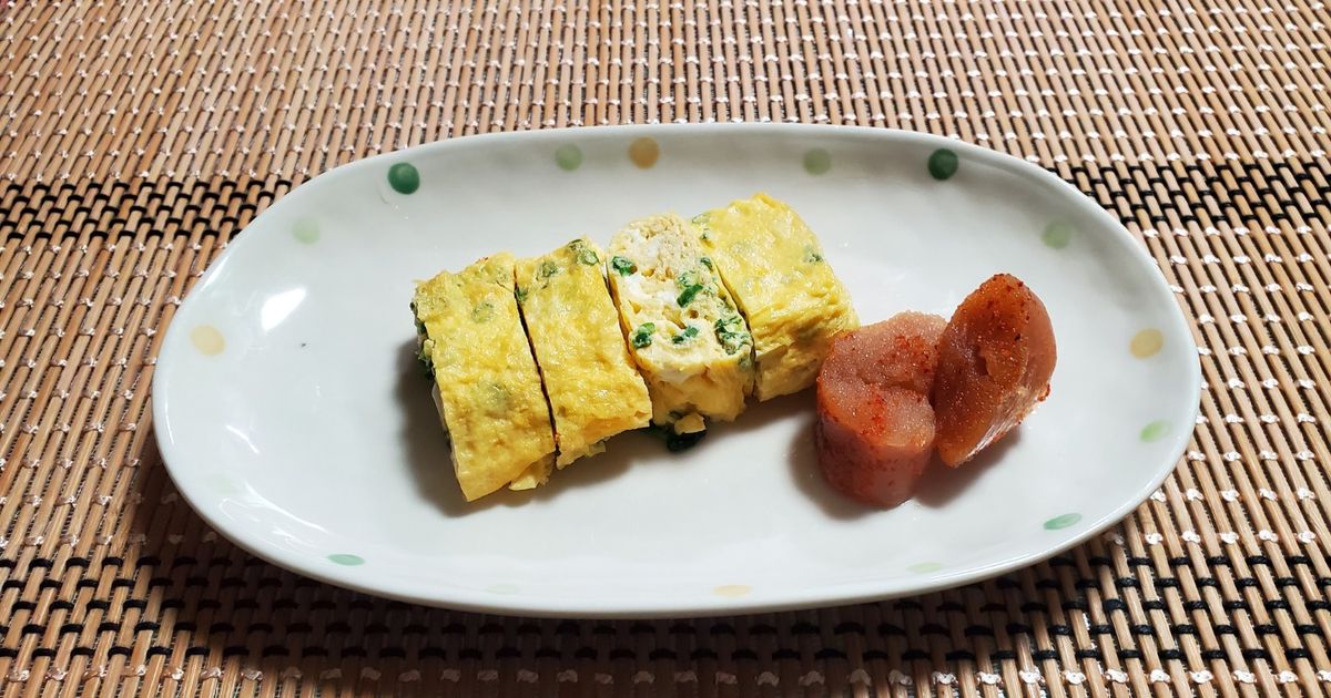 居酒屋風 かねふくのたらこで卵焼きを作ってみました♪丸いフライパンで卵焼きをキレイに作るコツをご紹介しています☆ たらこかねふく卵焼きたまごソムリエ友加里