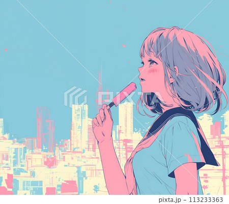 フランスパンを持ちアイスを食べる女の子 02237000712 の写真・イラスト素材アマナイメージズ