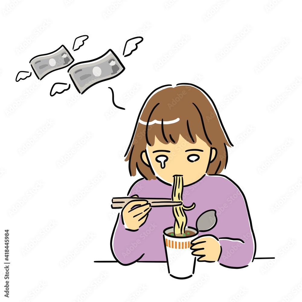 寒い中しゃがんでカップラーメンを食べるニット帽の女性のイラスト - 無料イラストのIMT 商用OK、加工OK