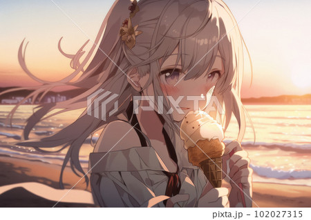 かわいい女の子は彼女の手にアイスクリームを持っておいしいデザート漫画スタイルのベクトルイラストを食べるのを楽しむ子供 -イラストレーションのベクターアート素材や画像を多数ご用意 - iStock