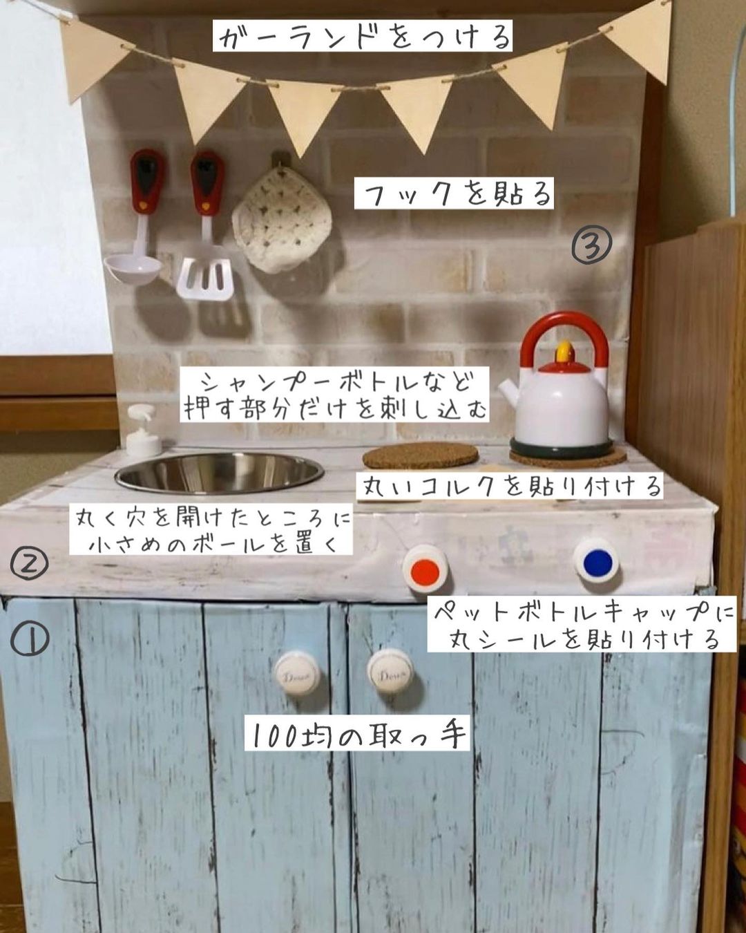 ダンボールキッチンの作り方〜本体②100均グッズで楽しく手作り+｡*・♪