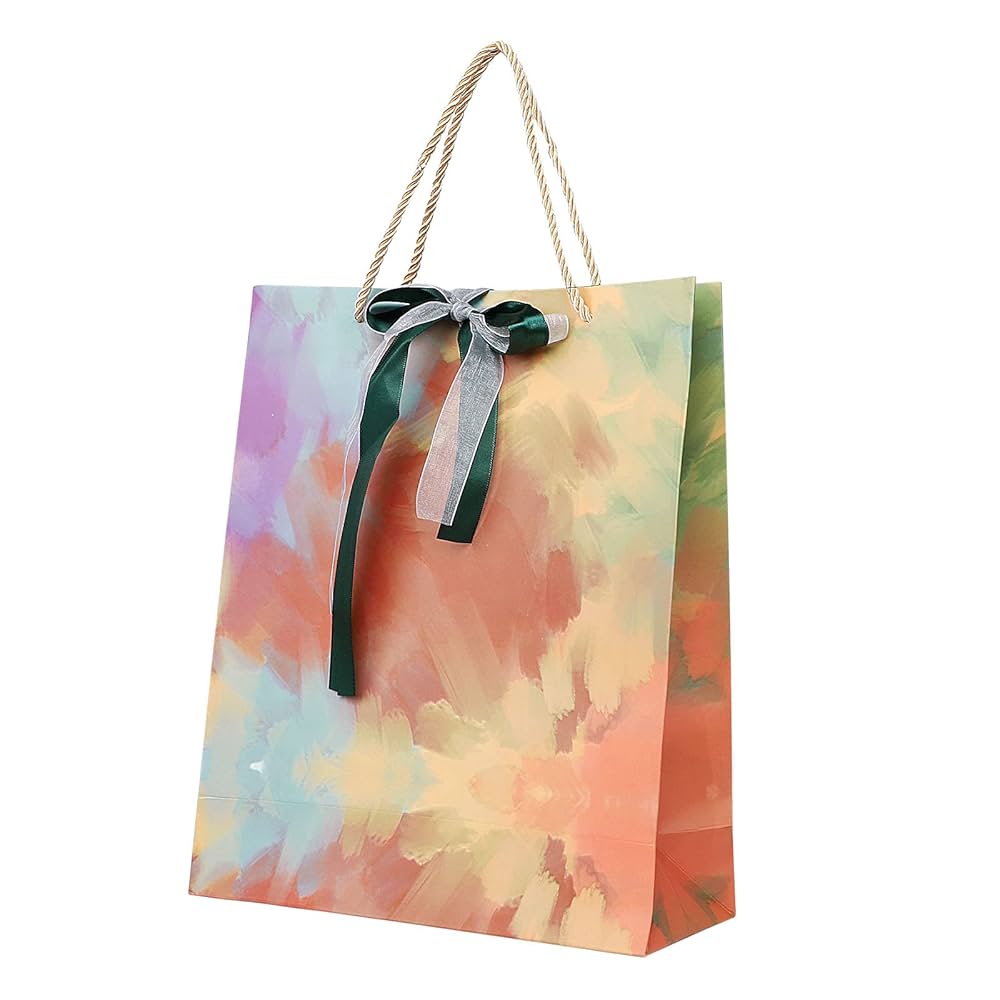 Amazon手提げ紙袋 10枚 ギフトバッグ リボン付き おしゃれ クラフト紙バッグ 油絵 水彩風 ラッピング袋 洋服入れ 大容量 トートバッグ誕生日 記念日 母の日 父の日 プレゼント 贈り物 お土産 ギフト紙袋 お店 業務用 贈答包装袋 縦柄 油絵柄ギフトバッグ・袋