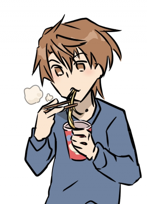 カップラーメンを食べる男性 ボサボサ頭 イラスト - No: 25843929無料イラスト・フリー素材なら「イラストAC」