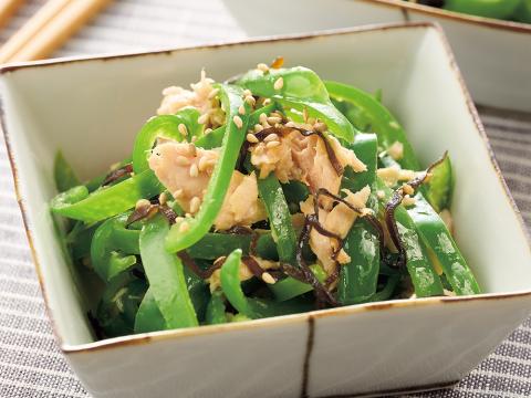 レンジで簡単♡豆もやしとピーマンのツナ塩昆布和え