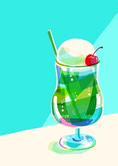 メロンソーダ子供シュノーケリング水彩画イラスト