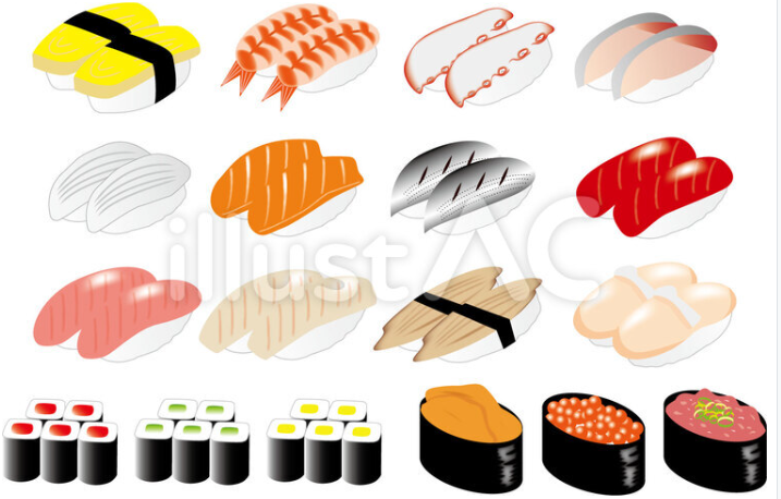 握り寿司と巻きずしの青海波背景のイメージイラストのイラスト素材FYI05051304ストックフォトの QleanMarket キュリンマーケット