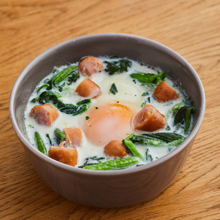 朝食に 卵とウインナーの食べるスープ