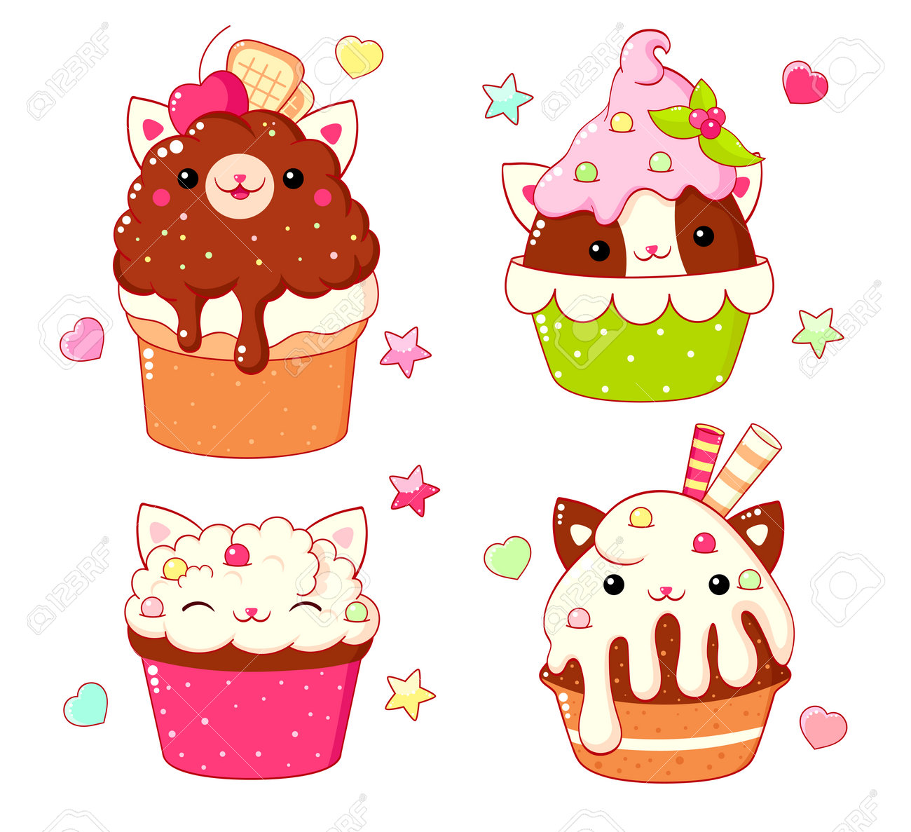 フリーイラスト5種類のカップケーキのキャラクターのセットパブリックドメインQ：著作権フリー画像素材集