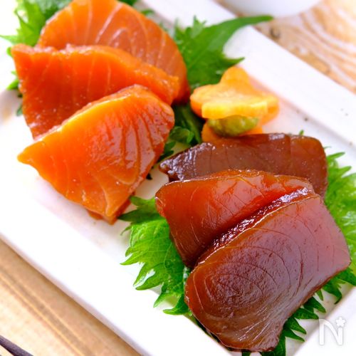 ぶりの漬け刺身、刺身用ブロックのまましょう油タレに漬け込みます。 - 魚料理と簡単レシピ