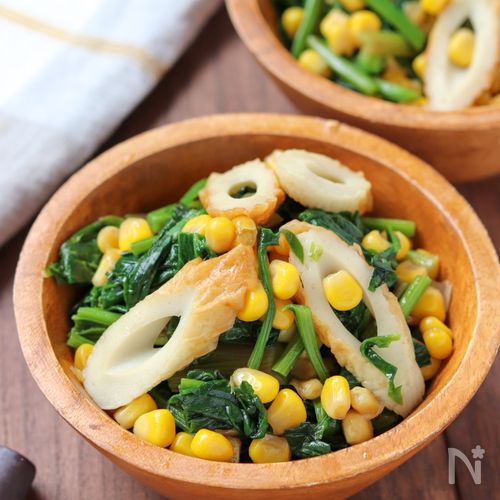 冷凍作り置きにぴったり！ほうれん草とコーンちくわのバター醤油炒め