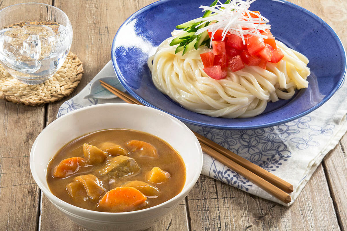 冷やし茄子うどん＊カレー味噌つゆ レンジだけ♪