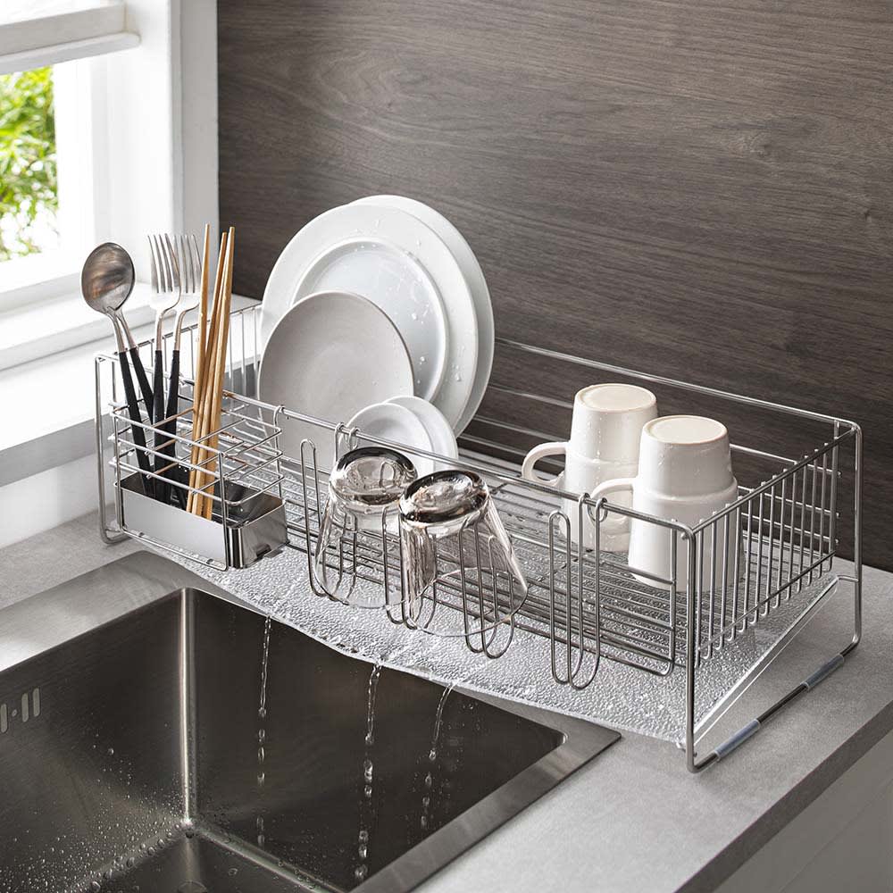 新生活 水切りラック 2段 水切りかご 大容量 ステンレス製 シンク上 まな板収納 カトラリーケース付き 食器置き 乾燥 大容量 収納 棚 80cm90cm プレゼント ギフト 水切りラック 幅41cm 2段まな板立て付き 日本製 ステンレス シンク上 水切りかご 水切りカゴ 水切り籠