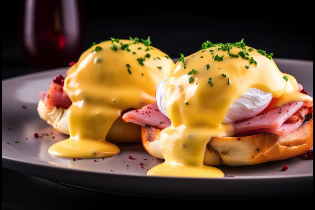 エッグベネディクト、ベーコンとトーストしたイングリッシュマフィンにポーチドエッグは、オランデーズソースとサラダをトッピングしました。の写真素材・画像素材 Image 45113580