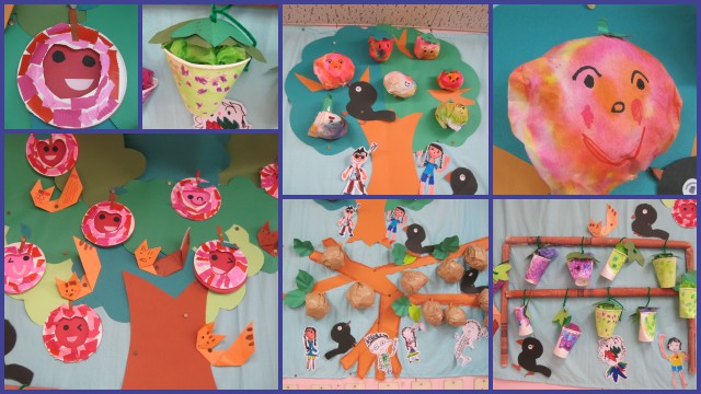 工作ネタ おりがみで作る秋の果物＆紅葉飾り ９月壁面飾り秋の収穫高齢者レクデイ作業療法立体工作いちじく栗柿りんご梨ぶどう おりがみDIY