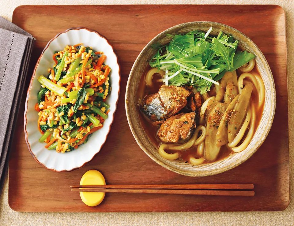 カレーうどん・ピーマン肉詰め・自家製山形だし・もやしナムル : 味食倶楽部