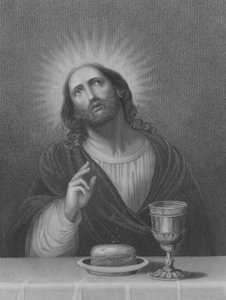 白い背景のパンとワインでキリスト教の共食Premium AI生成画像