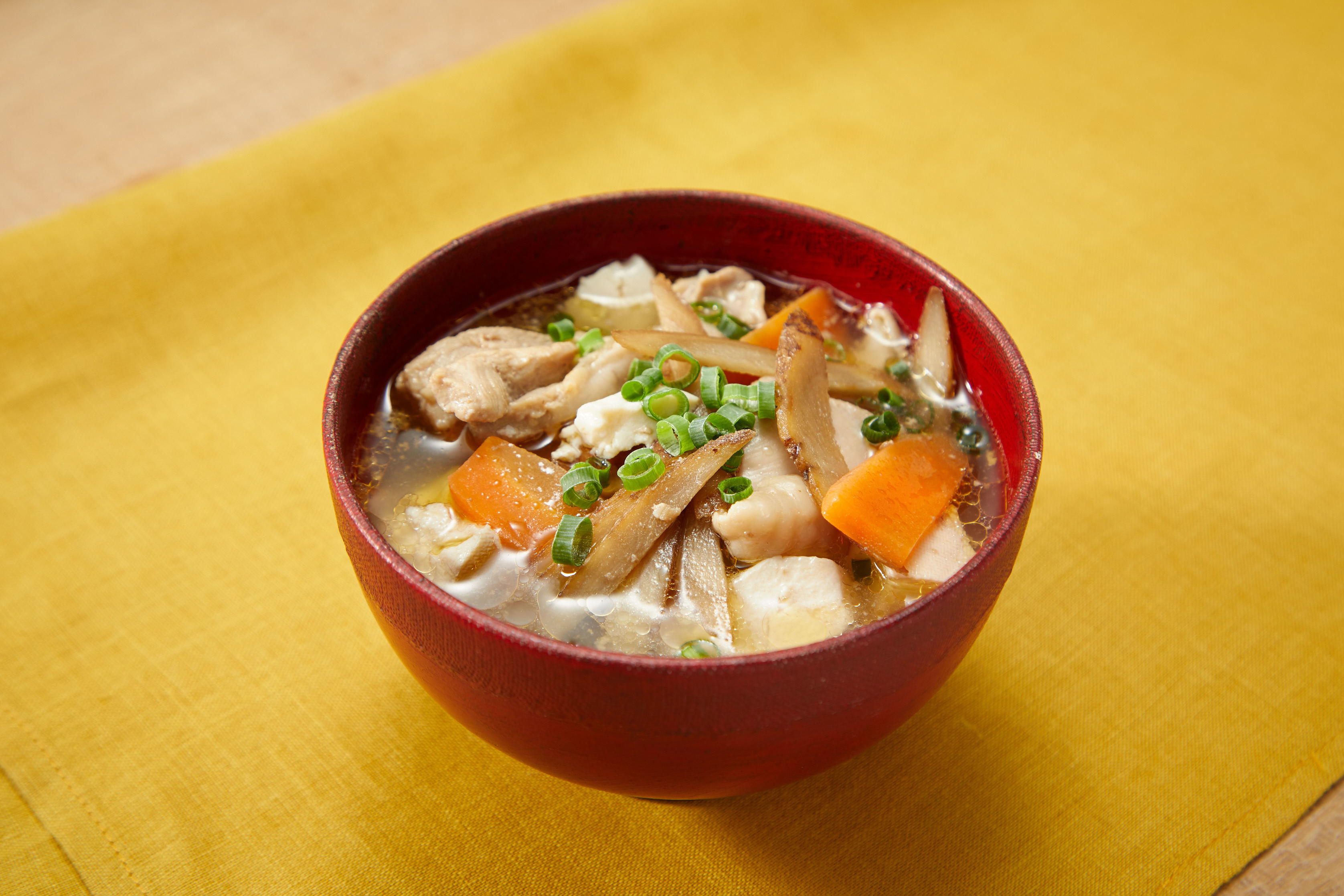 鶏ごぼうと小松菜の生姜スープ