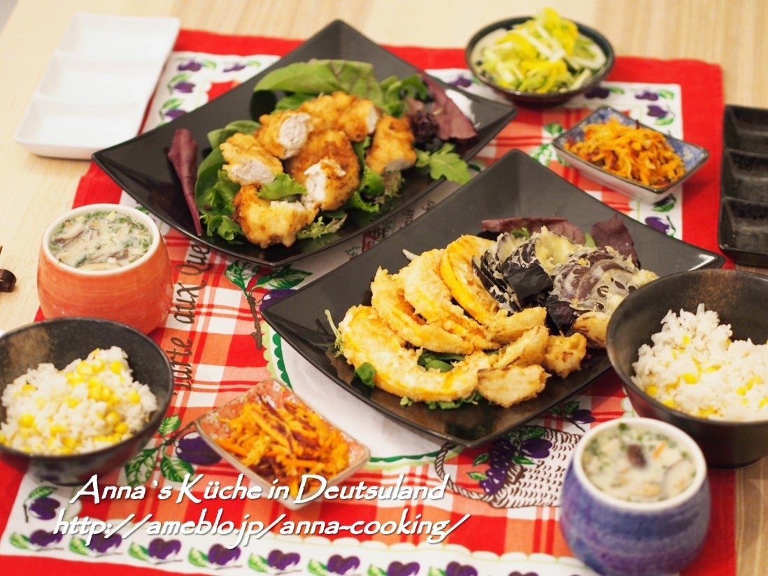 献立 野菜の天ぷら、小松菜の煮浸し、茄子のピリ辛味噌煮、マカロニときゅうりのマヨサラダにカリフラワー、豆腐のお味噌汁、日本酒 :kajuの□今日のお料理・簡単レシピ□