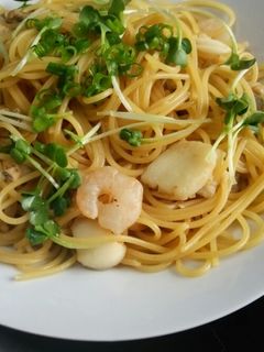 シーフードと水菜の醤油パスタ