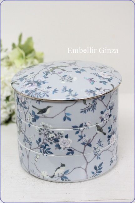 ハンドメイド・ポーセラーツ 陶器製お重箱 和柄・円形三段重