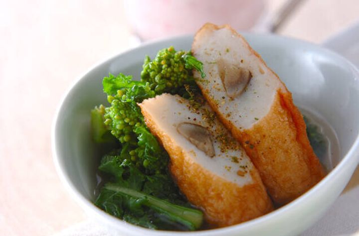 菜の花と味噌漬けモッツァレラのアスパラ巻き