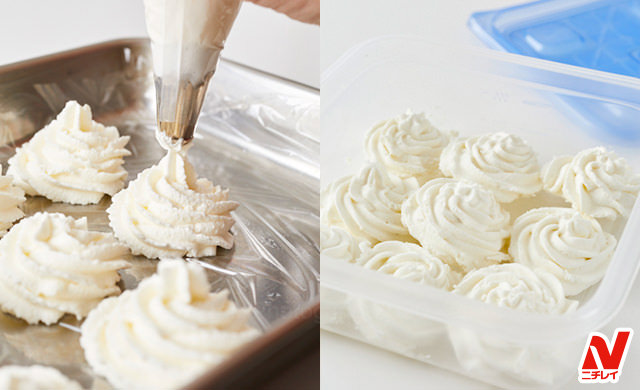 生クリームを冷凍したことある？↓@hayamari.kurashi⇦いいね、フォローお願いします🌷保存していただくと後で見返せます👀,＊＊＊＊＊＊＊＊, 生クリームを絞って冷凍してもいいけど, ズボラの私には絞り袋に入れるのがなぁ〜って, めんどくさい😁,生クリームをクッキングシートに広げて, 冷凍するだけでもできるよ♪, 軽〜い！🍨みたいな感じの食感♡,