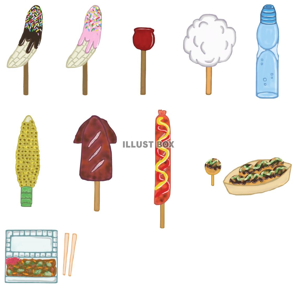 お祭りの屋台のモチーフのイラストが並んだゆるかわいいテンプレート無料テンプレートTemplateBox