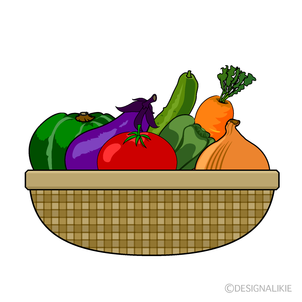 籠に入ったたくさんの収穫野菜の塗り絵素材、根菜類や葉物野菜などのかわいい野菜イラスト無料テンプレートTemplateBox
