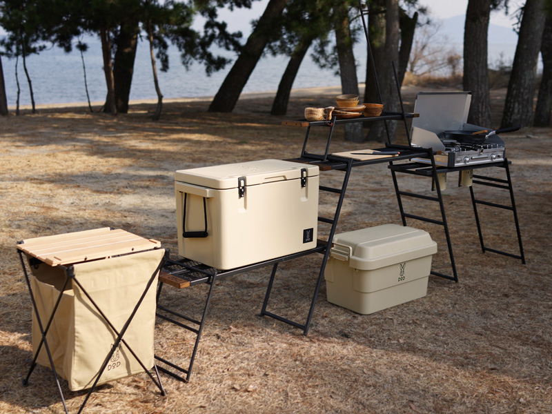 DOD テキーラキッチンセット テキーラキッチンレッグを無印良品のカゴ＆ワンバイ材で